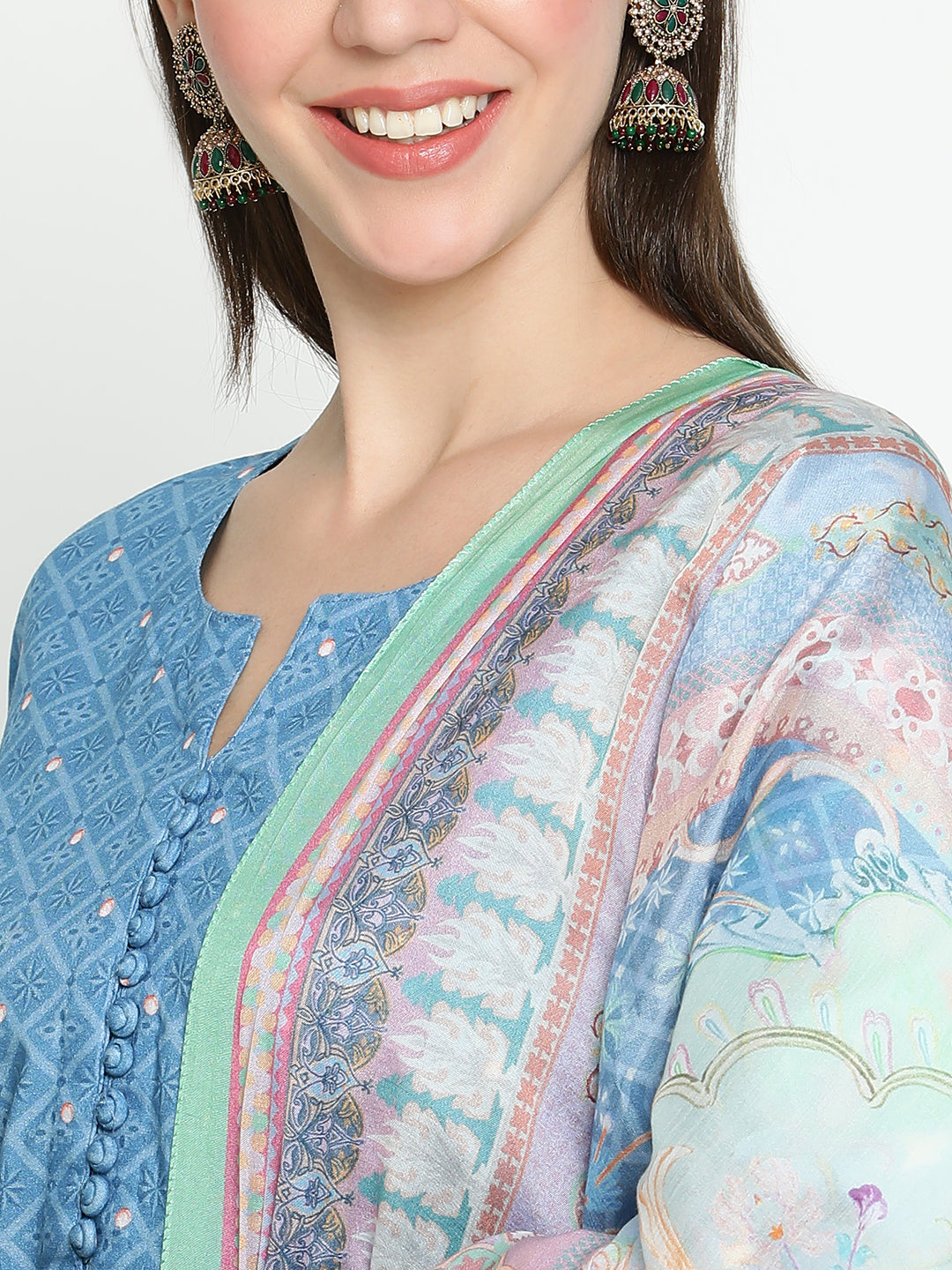 Shingora Blue Printed Notch Neck Stitched Suit Set
