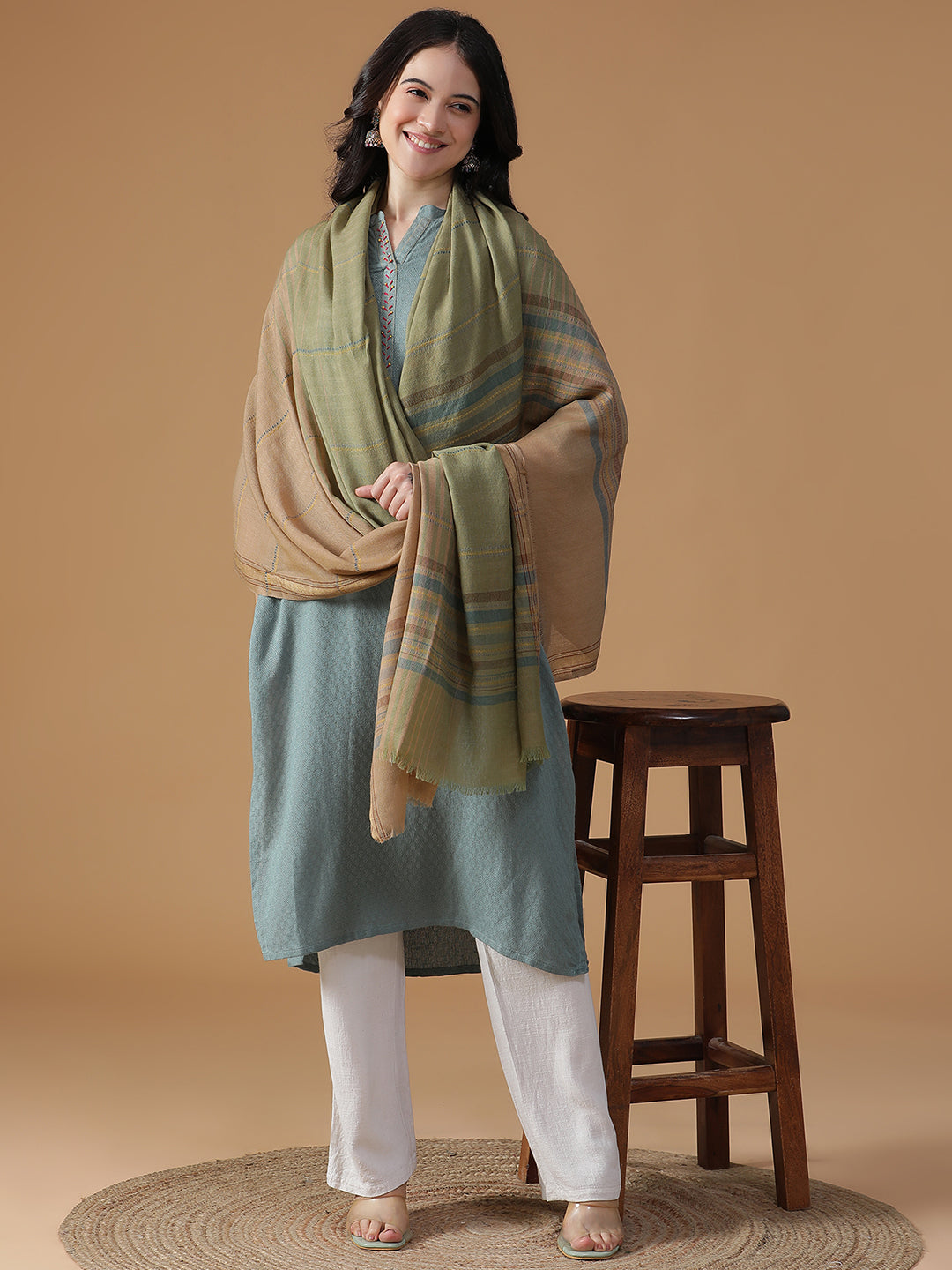Whispers Weave-Striped Woolen Dobby Shawl