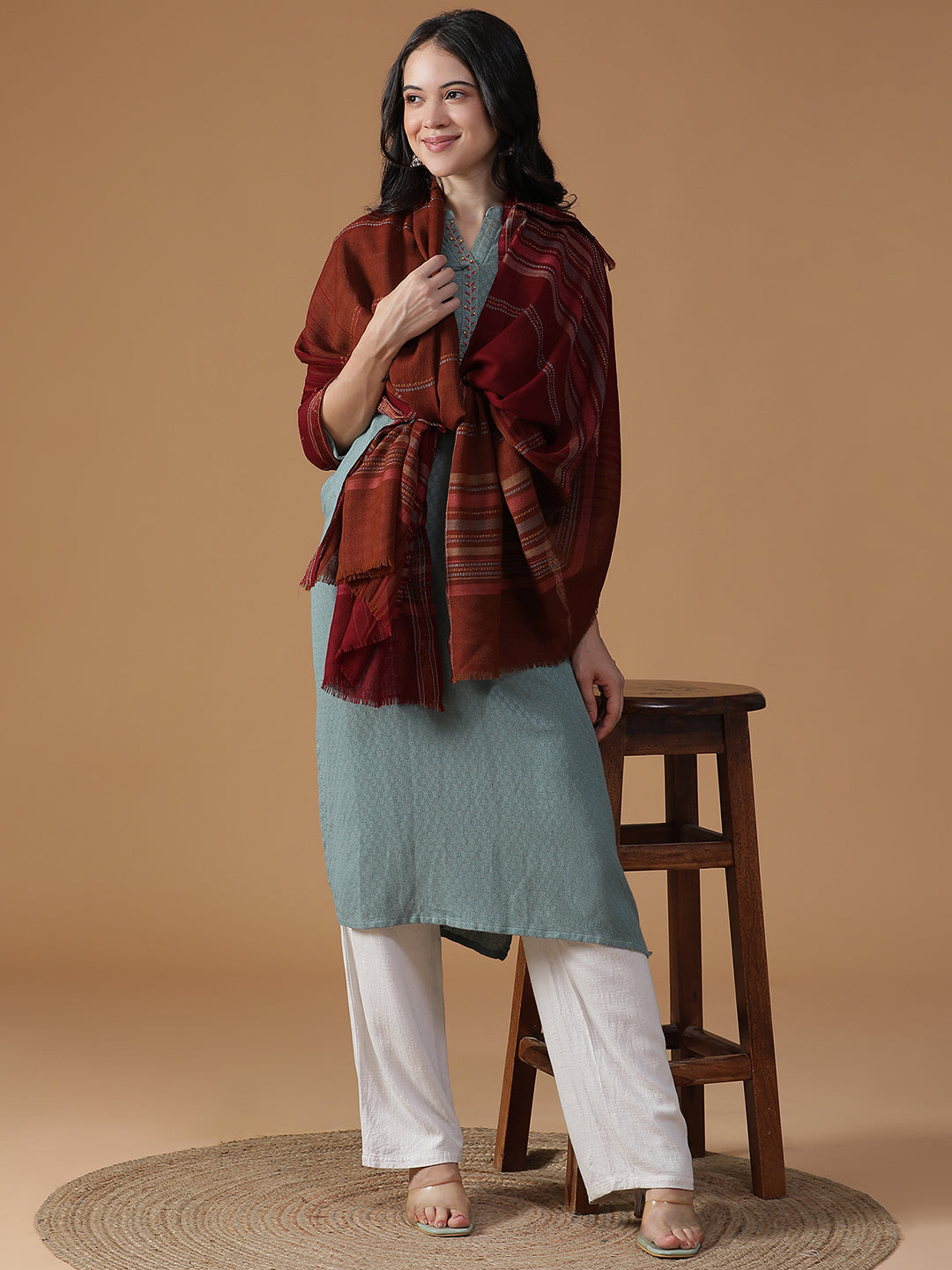Whispers Weave-Striped Woolen Dobby Shawl