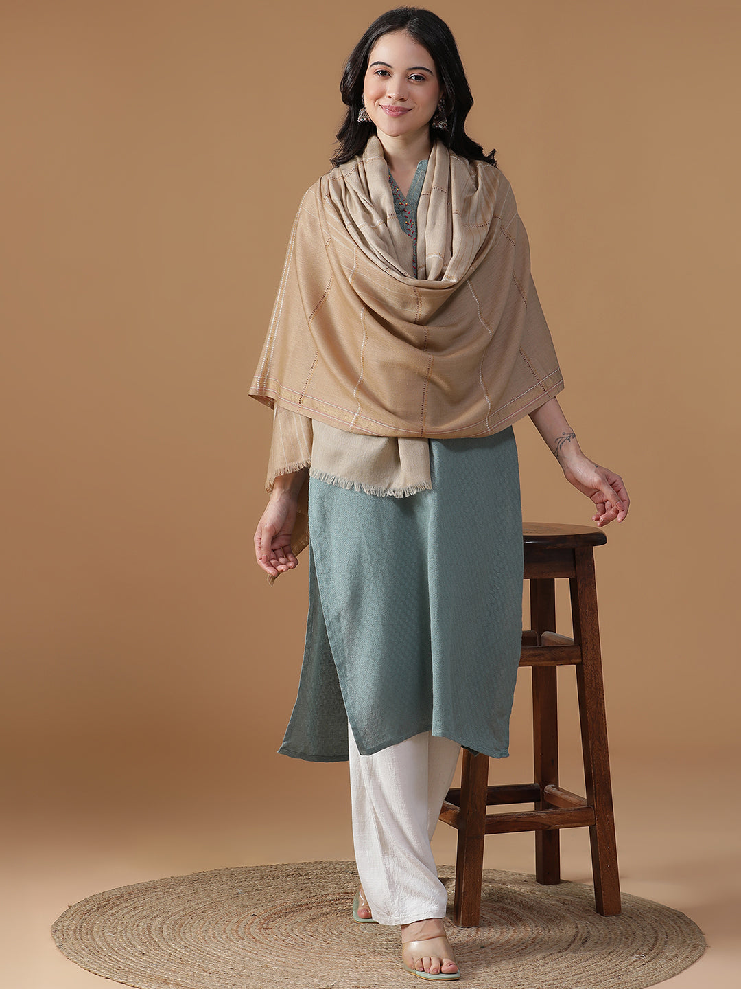 Whispers Weave-Striped Woolen Dobby Shawl