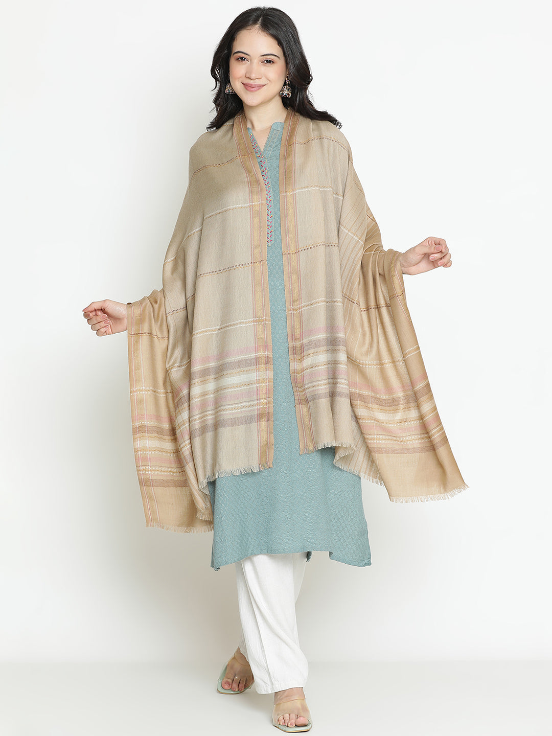 Whispers Weave-Striped Woolen Dobby Shawl