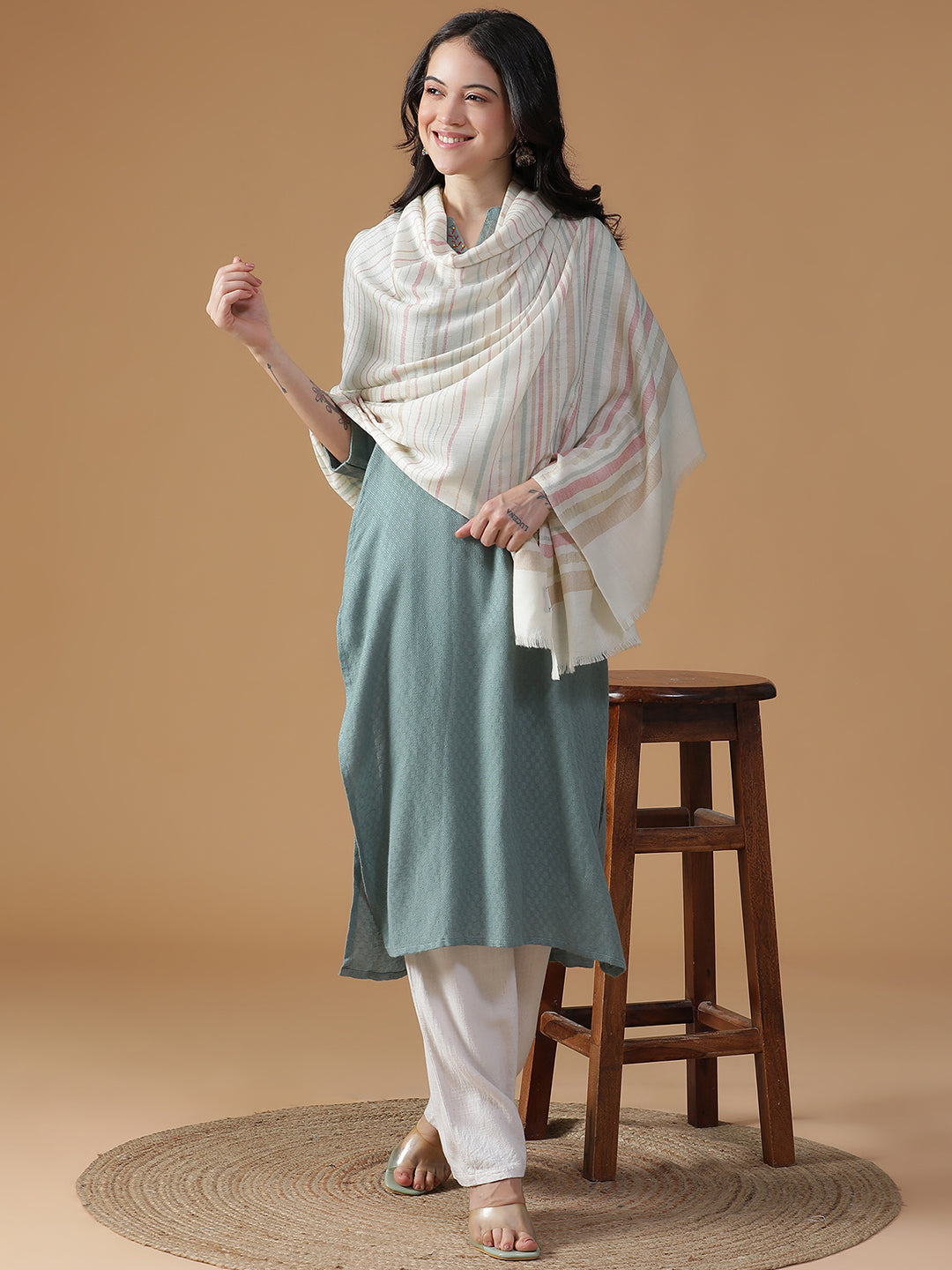 Serene Lines-Light Striped Woolen Dobby Shawl