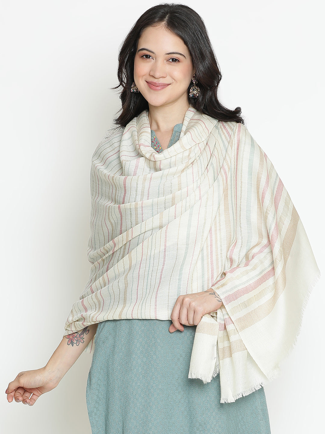 Serene Lines-Light Striped Woolen Dobby Shawl