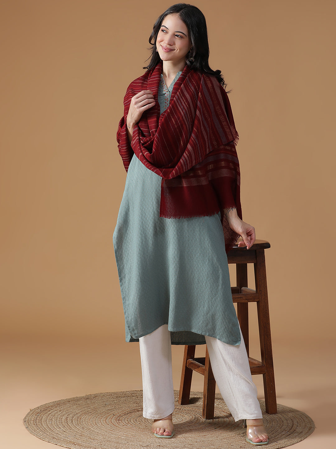Serene Lines-Light Striped Woolen Dobby Shawl