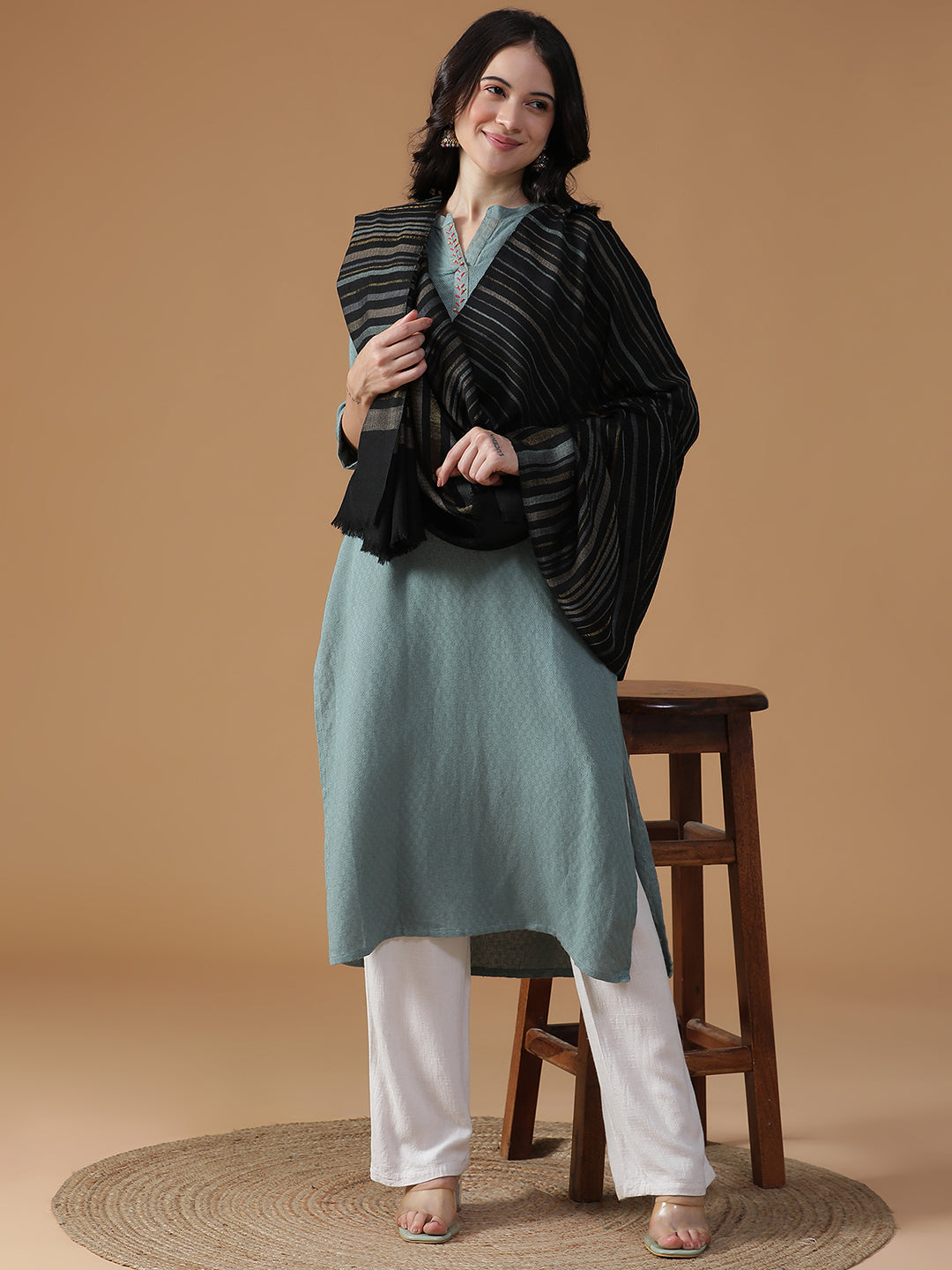 Serene Lines-Light Striped Woolen Dobby Shawl