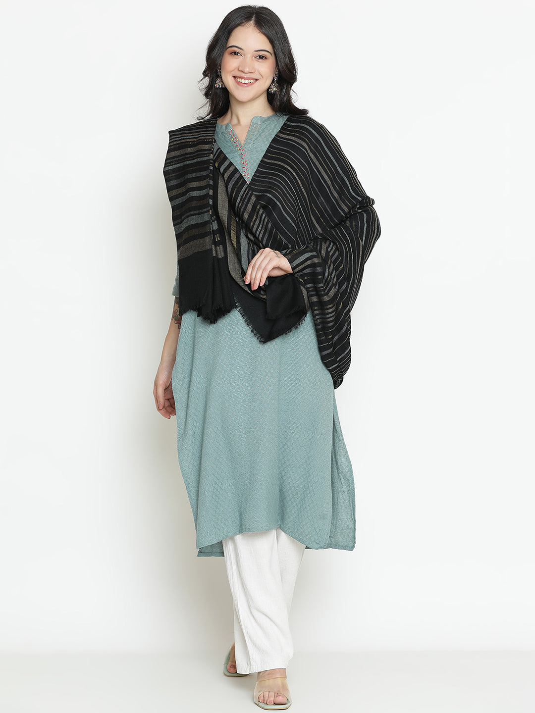 Serene Lines-Light Striped Woolen Dobby Shawl