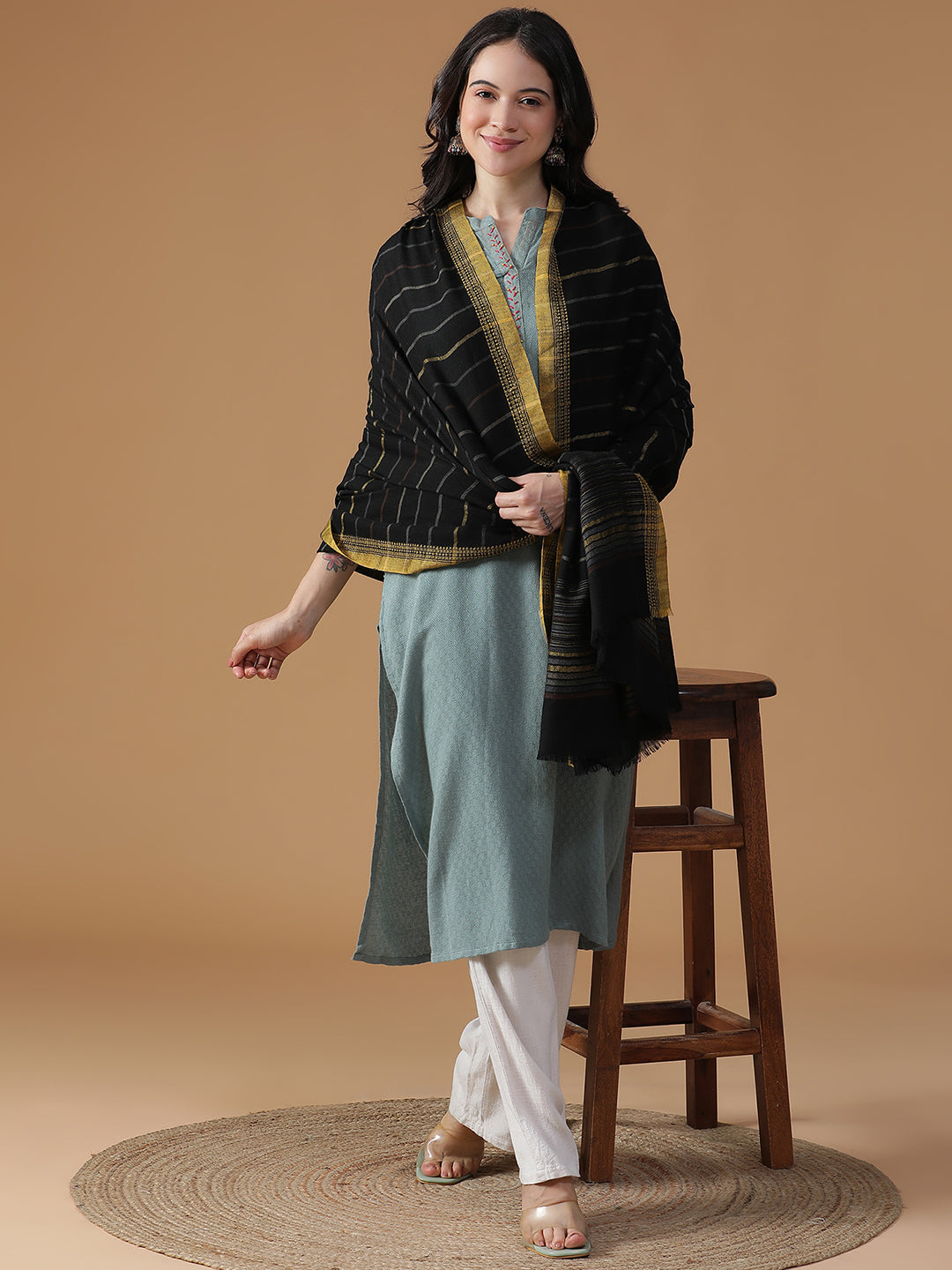 Twilight Threads-Handwoven Woolen Dobby Shawl