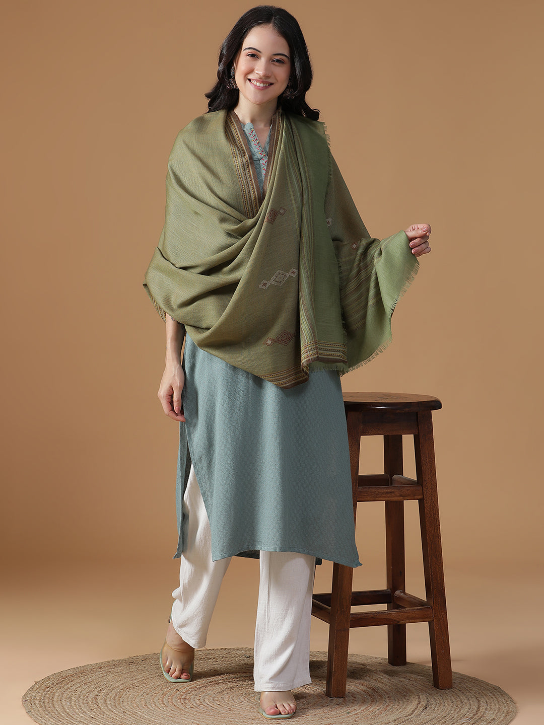 Meadow Mist-Handwoven Woolen Dobby Shawl