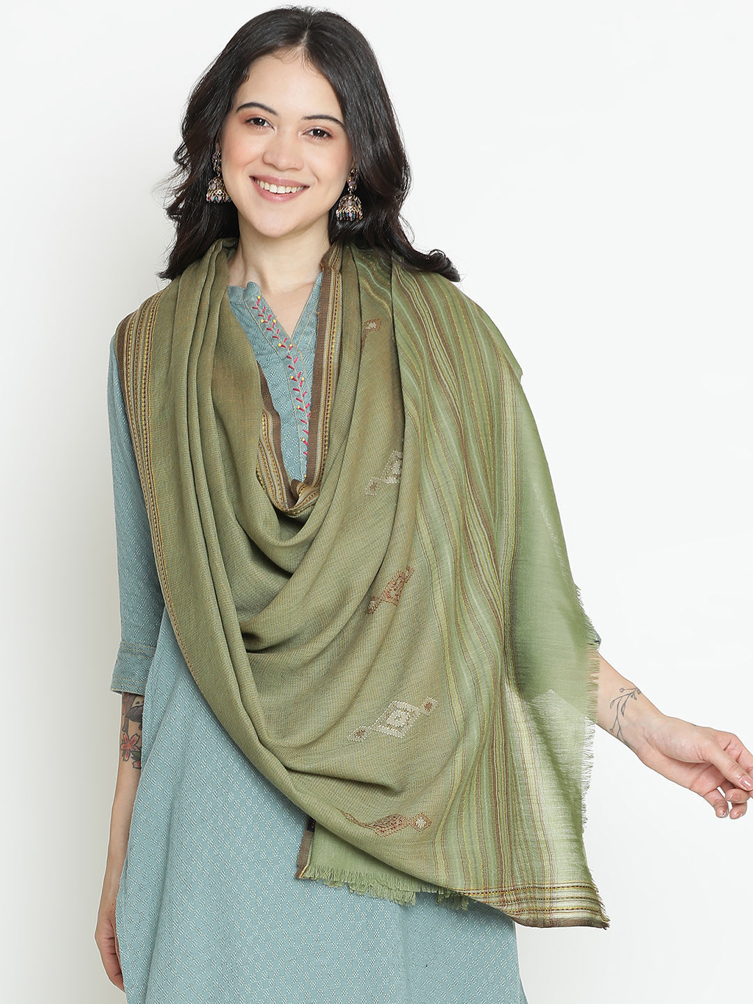 Meadow Mist-Handwoven Woolen Dobby Shawl