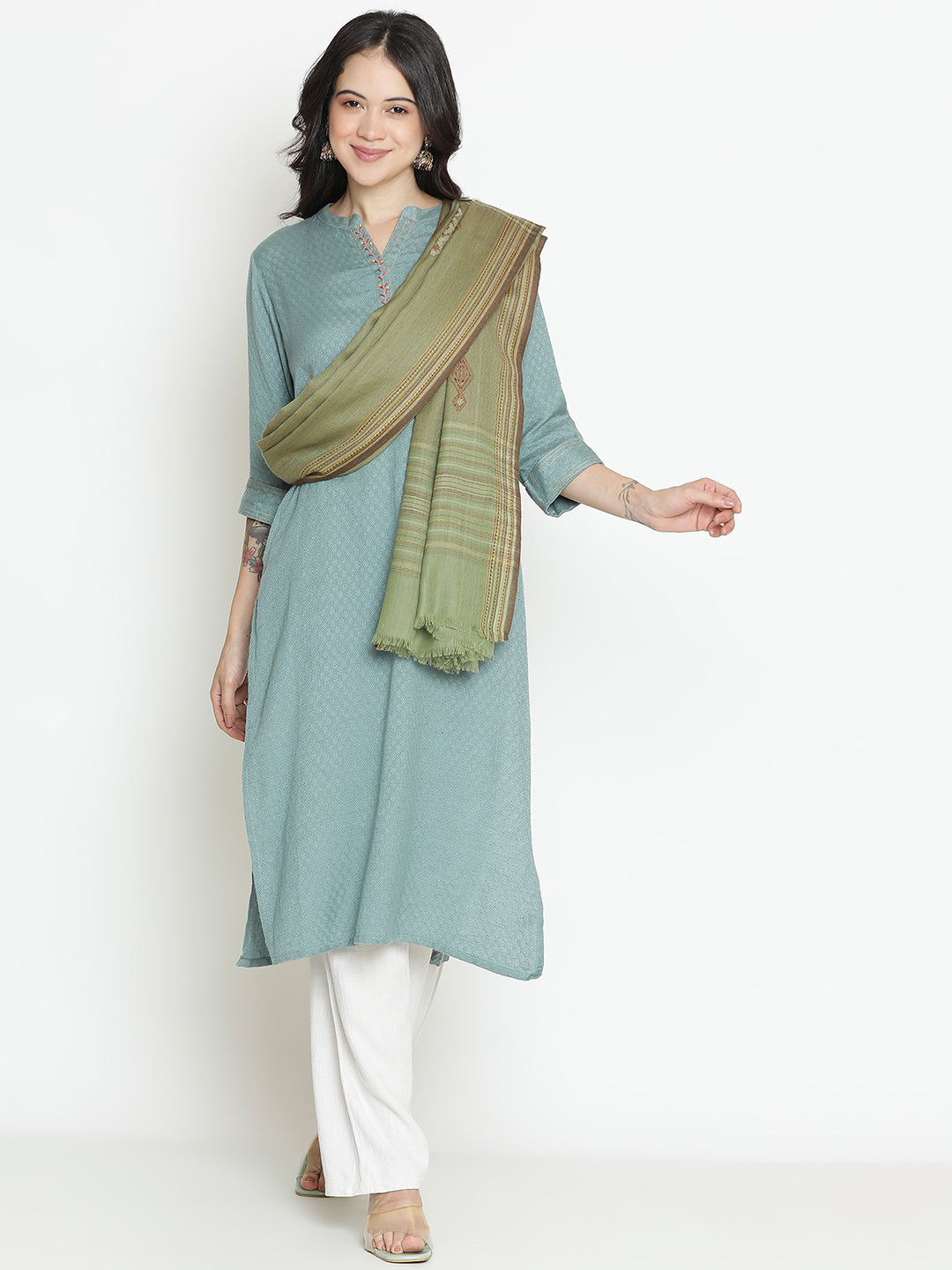 Meadow Mist-Handwoven Woolen Dobby Shawl