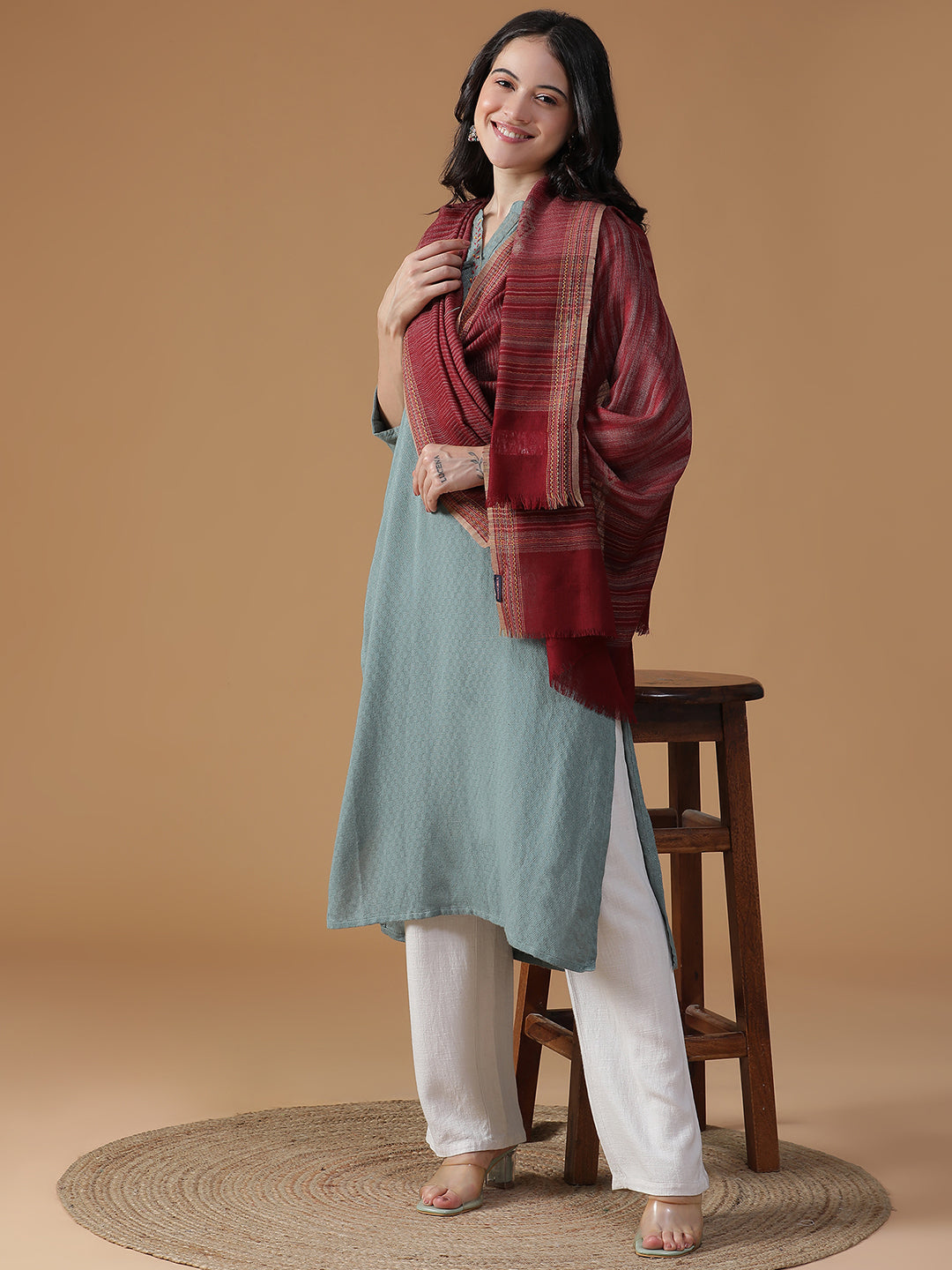 Meadow Mist-Handwoven Woolen Dobby Shawl
