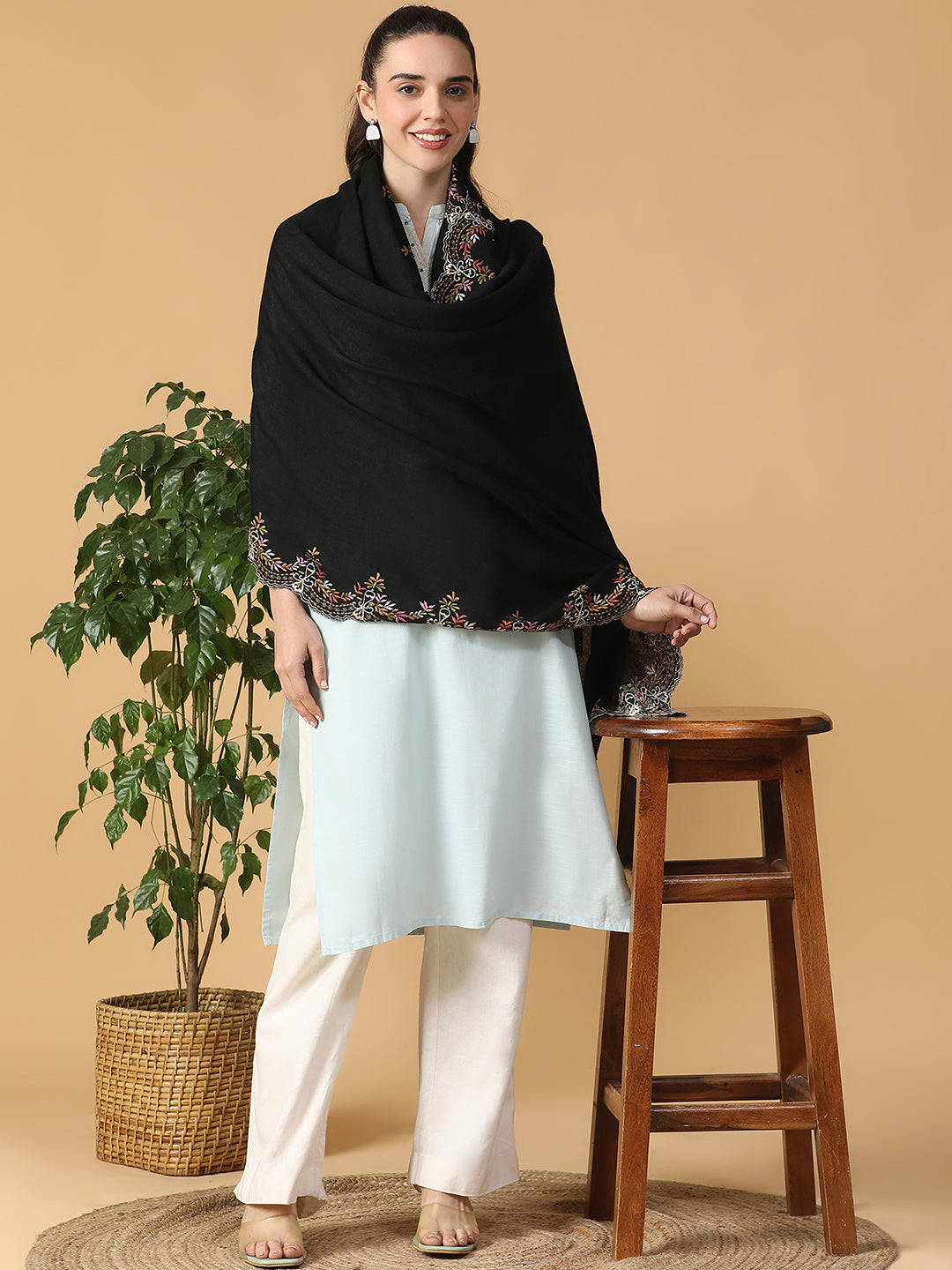 Floral Border Pure Wool Black Embroidered Stole