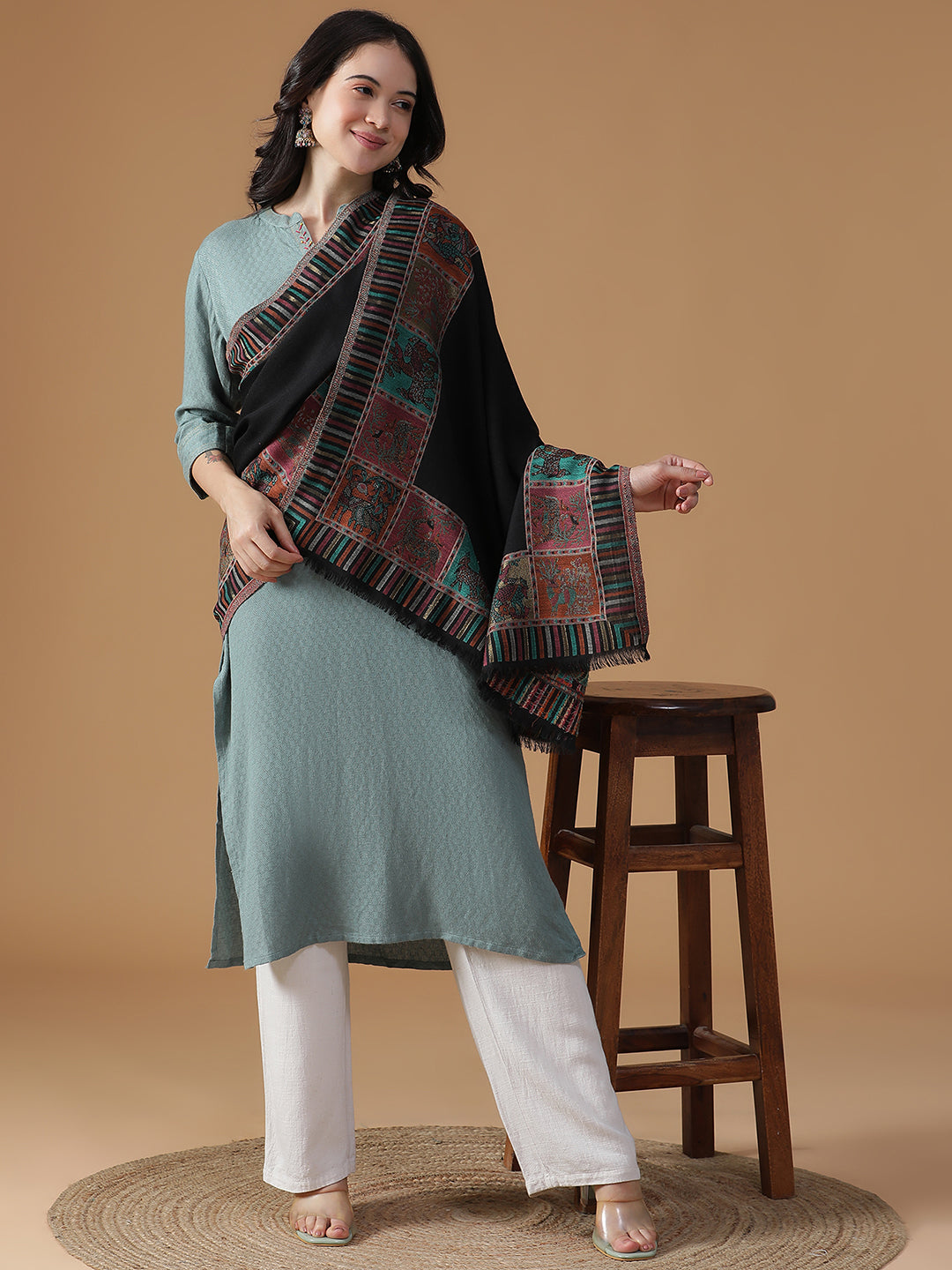 Gond Reverie-Folk Detailed Woolen Jacquard Shawl