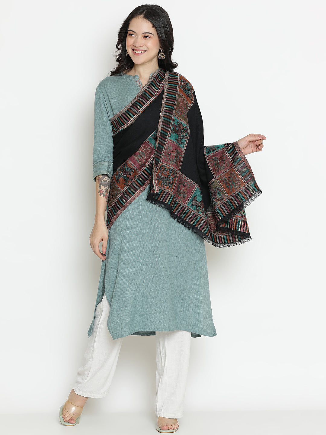 Gond Reverie-Folk Detailed Woolen Jacquard Shawl