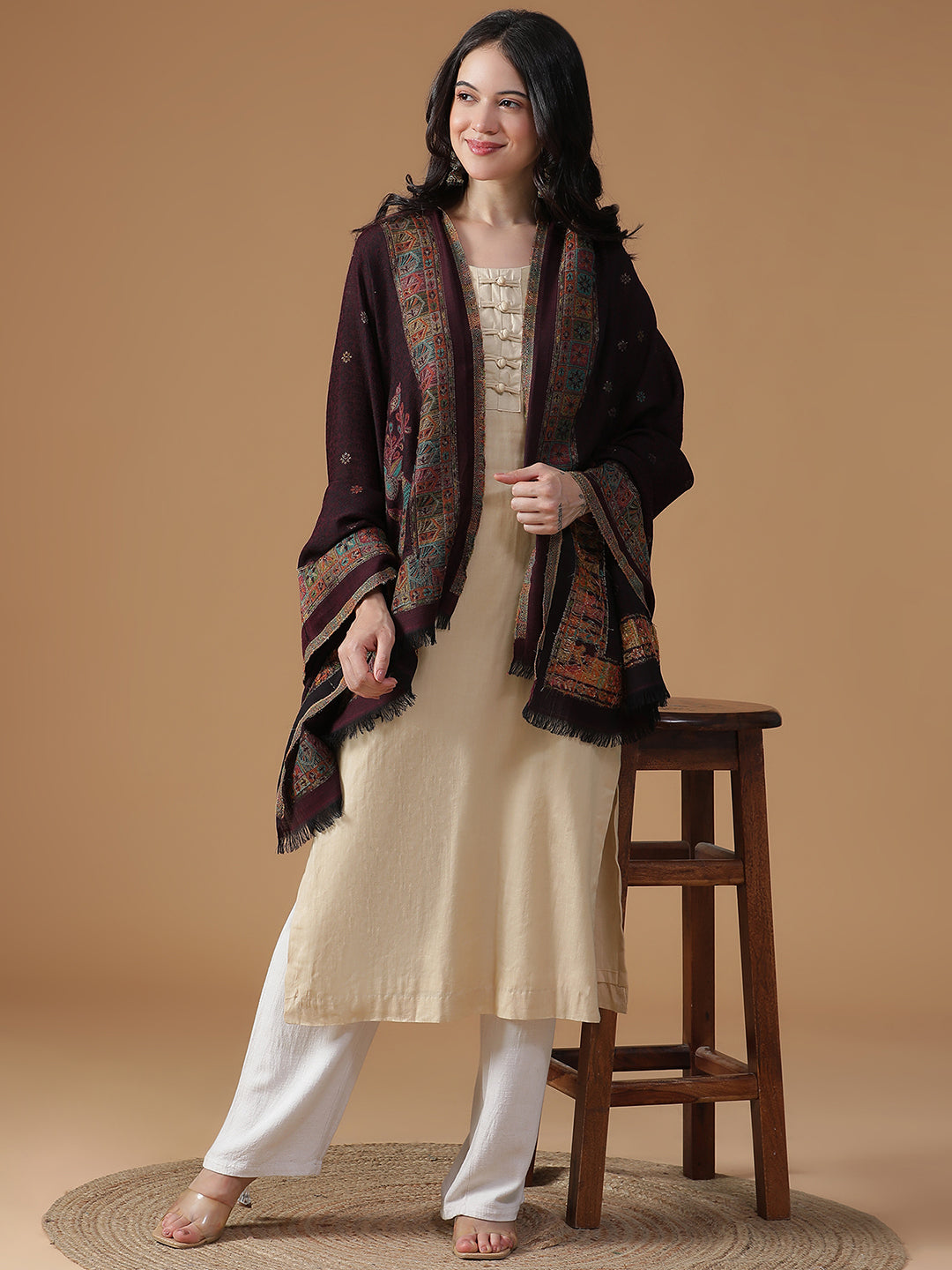 Forest Echo-Gond Inspired Woolen Jacquard Shawl