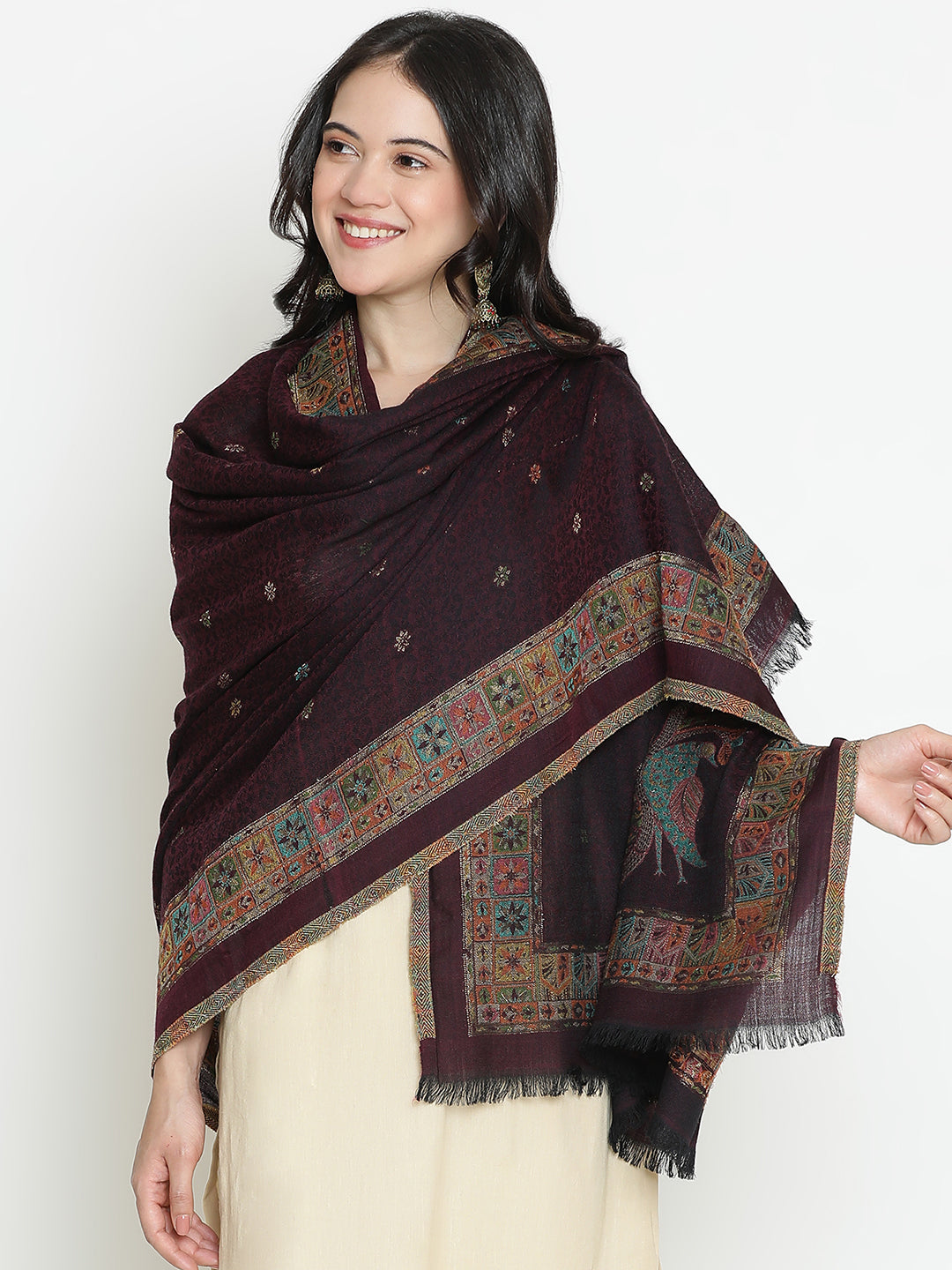 Forest Echo-Gond Inspired Woolen Jacquard Shawl