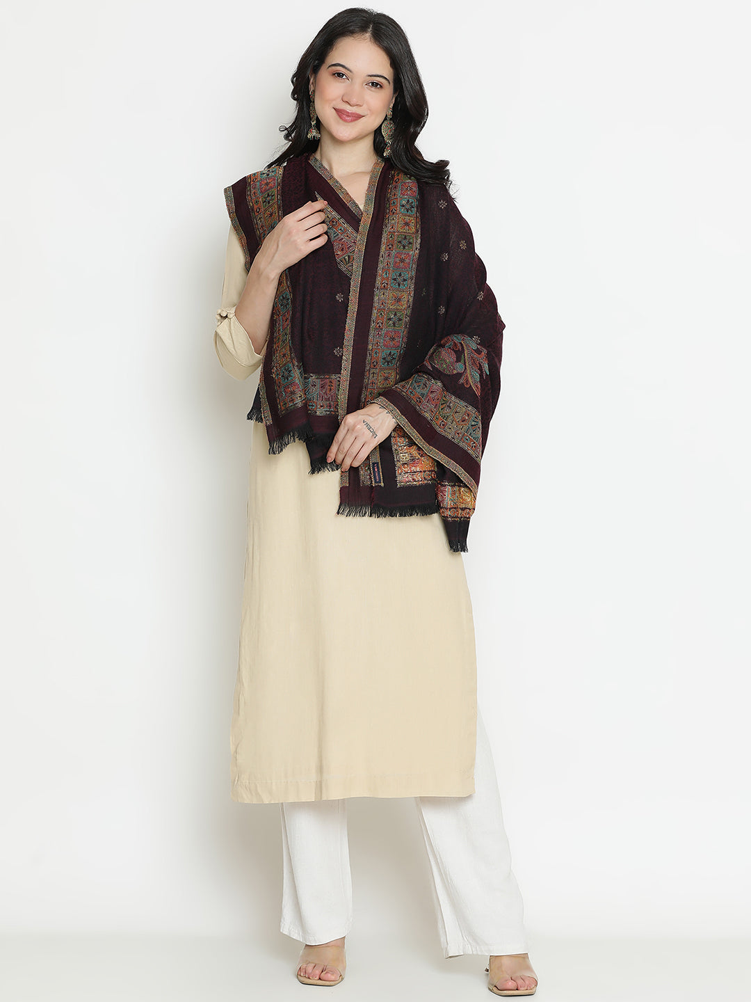 Forest Echo-Gond Inspired Woolen Jacquard Shawl
