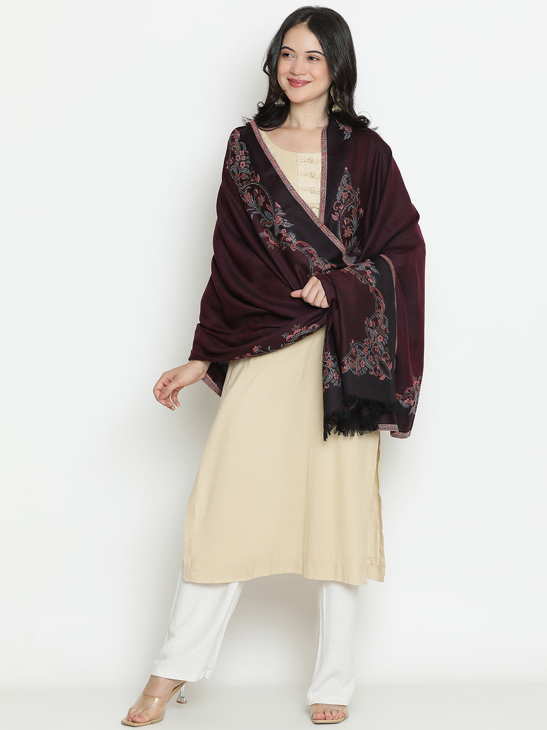Chintz Bloom-Botanical Patterned Woolen Jacquard Shawl