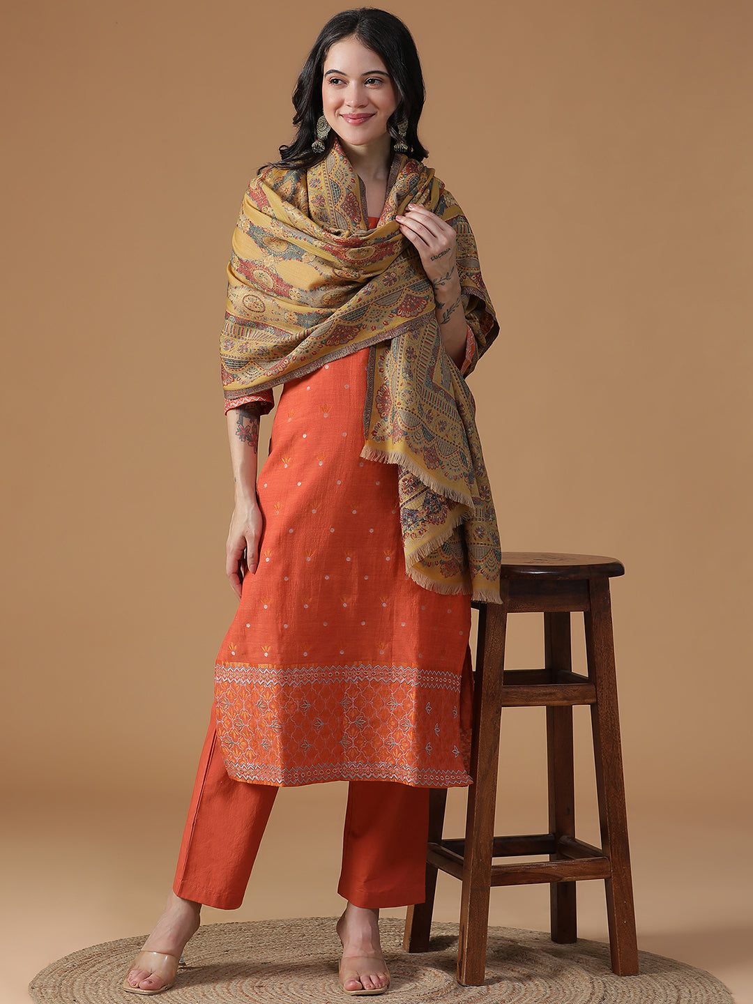 Parisian Bloom-French Floral Woolen Jacquard Shawl