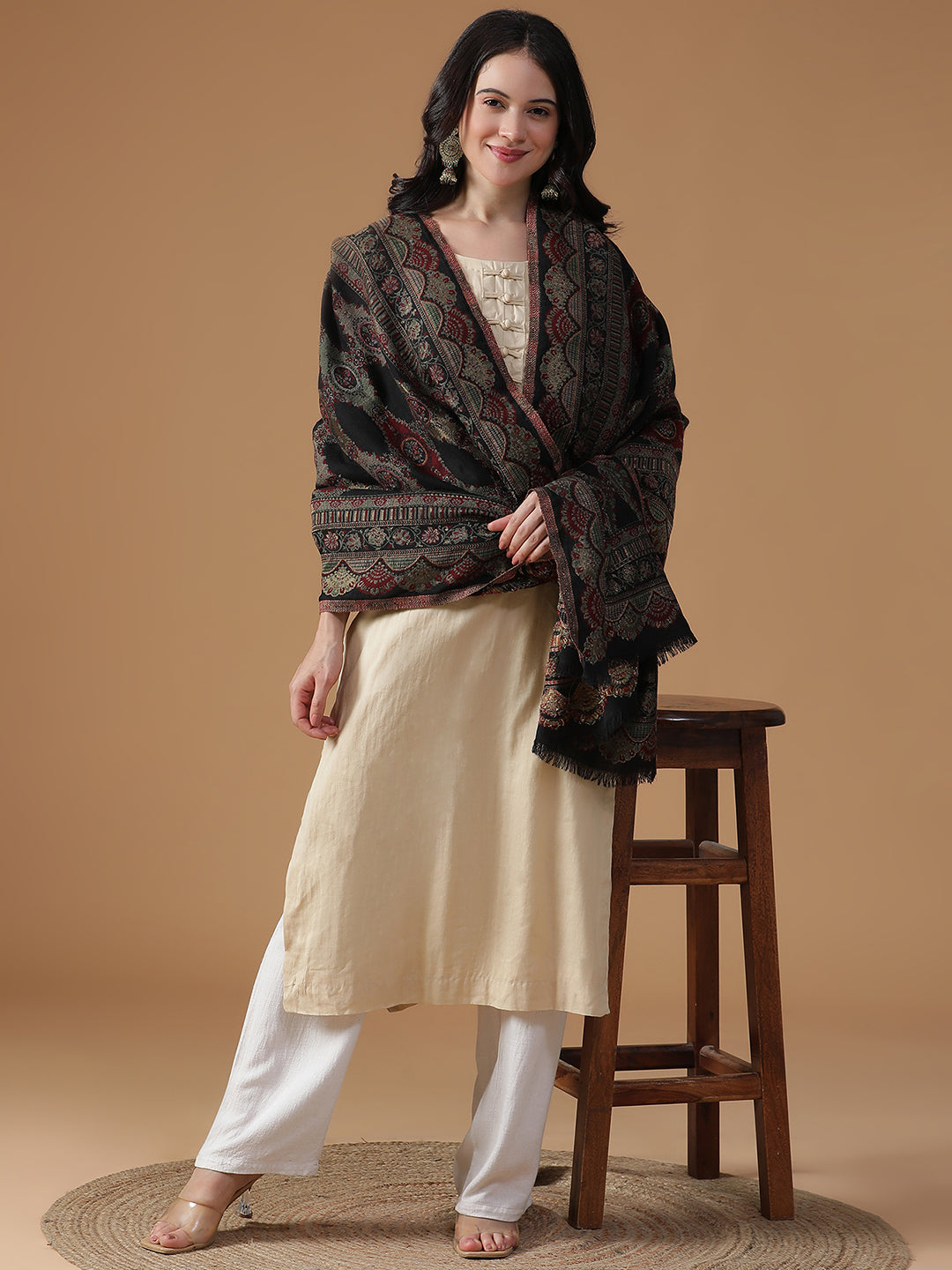 Parisian Bloom-French Floral Woolen Jacquard Shawl