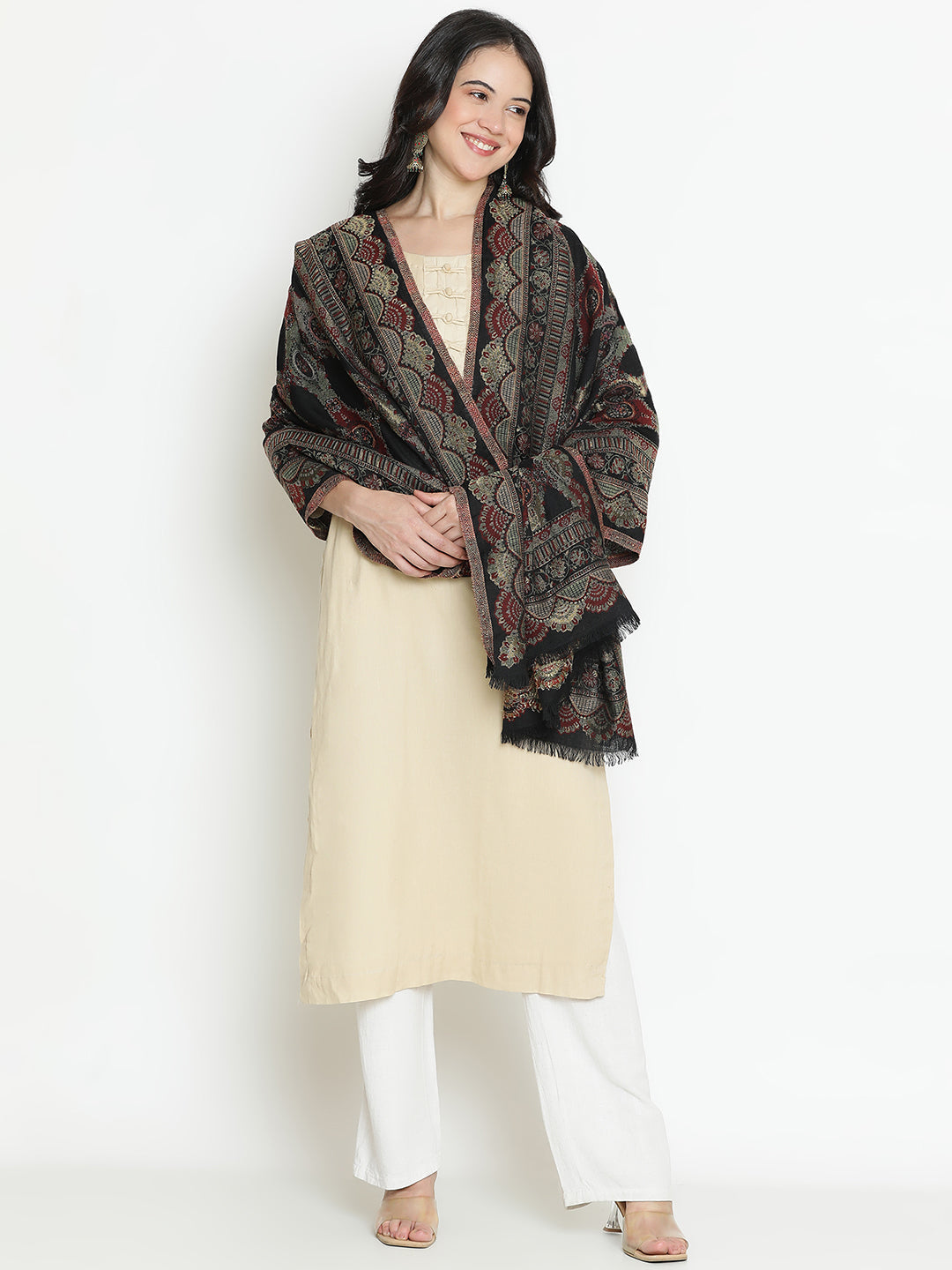 Parisian Bloom-French Floral Woolen Jacquard Shawl