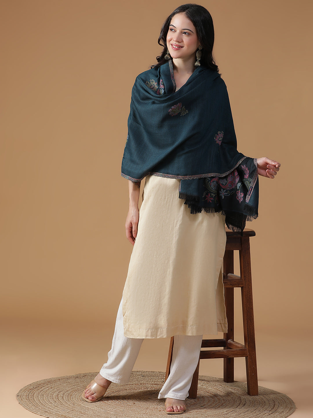 Parisian Bloom-French Floral Woolen Jacquard Shawl
