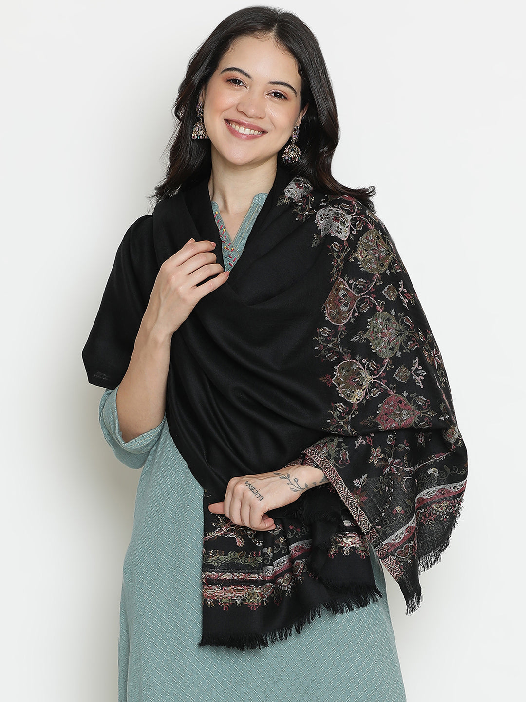 Midnight Fleur-French Floral Woolen Jacquard Shawl