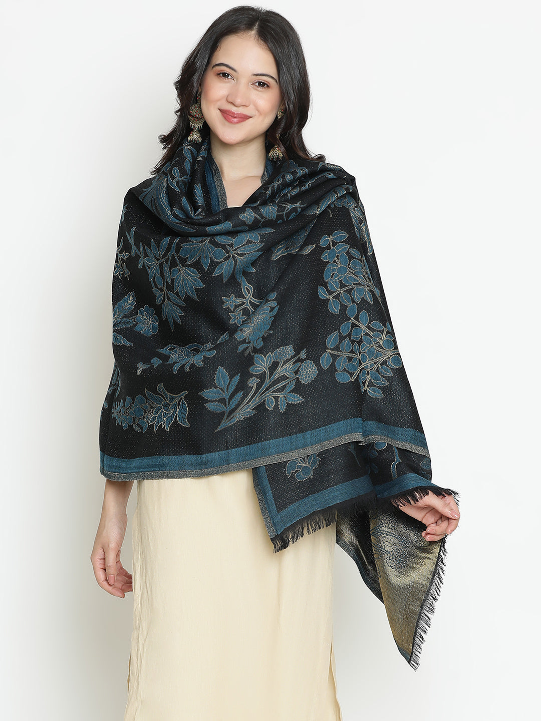 Botanique Noir-Botanical Illustrative Woolen Jacquard Shawl