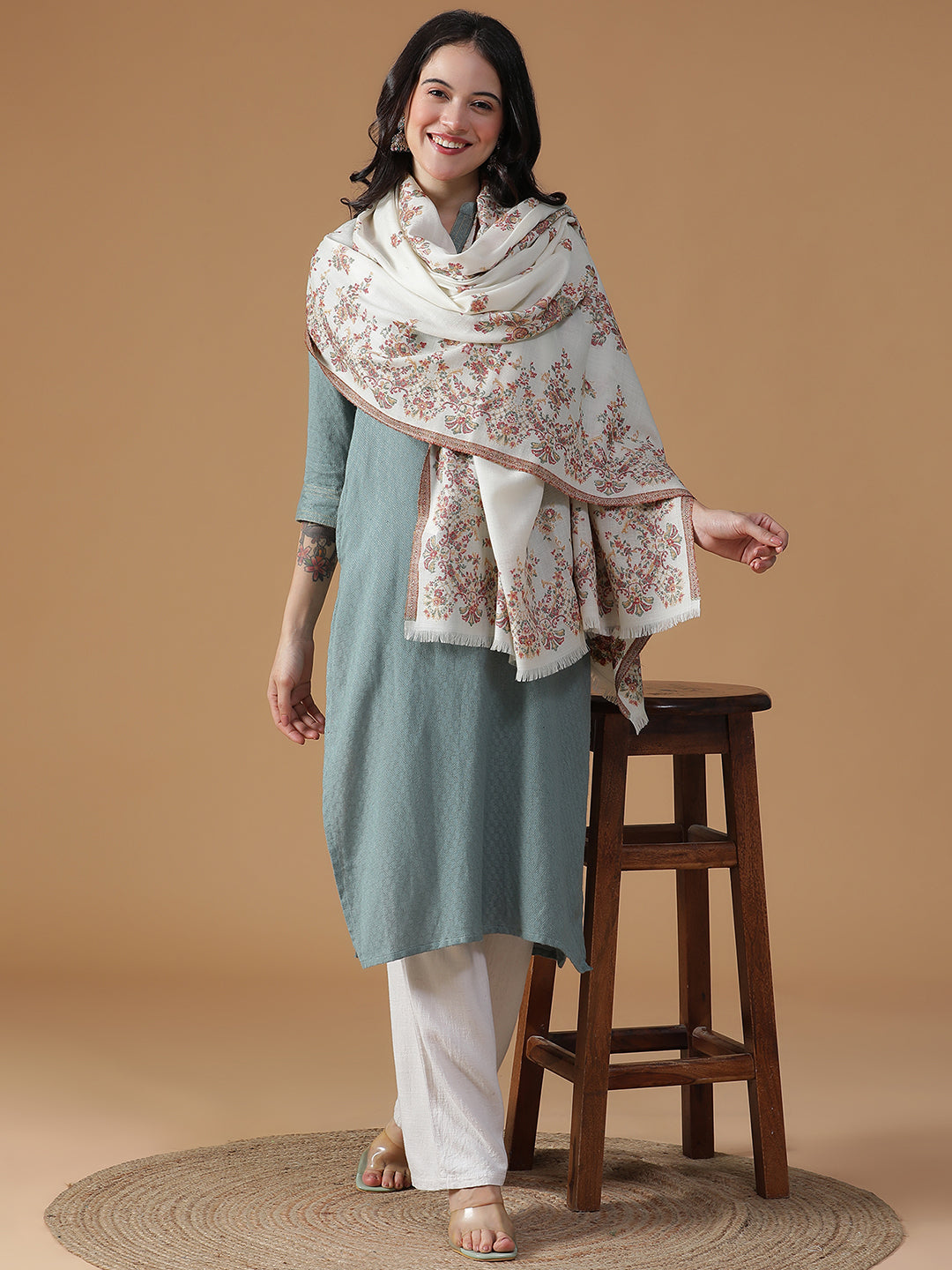 Jardin Elegance-French Floral Woolen Jacquard Shawl