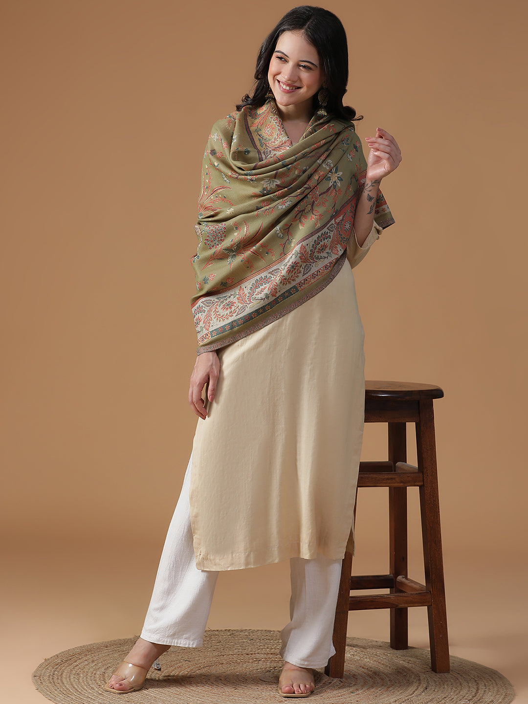 Jungle Tale-Gond Art Woolen Jacquard Shawl