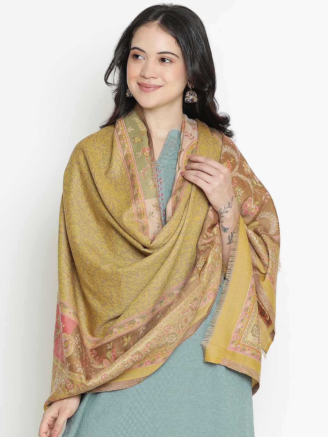Chateau Garden-Refined Floral Weave Woolen Jacquard Shawl