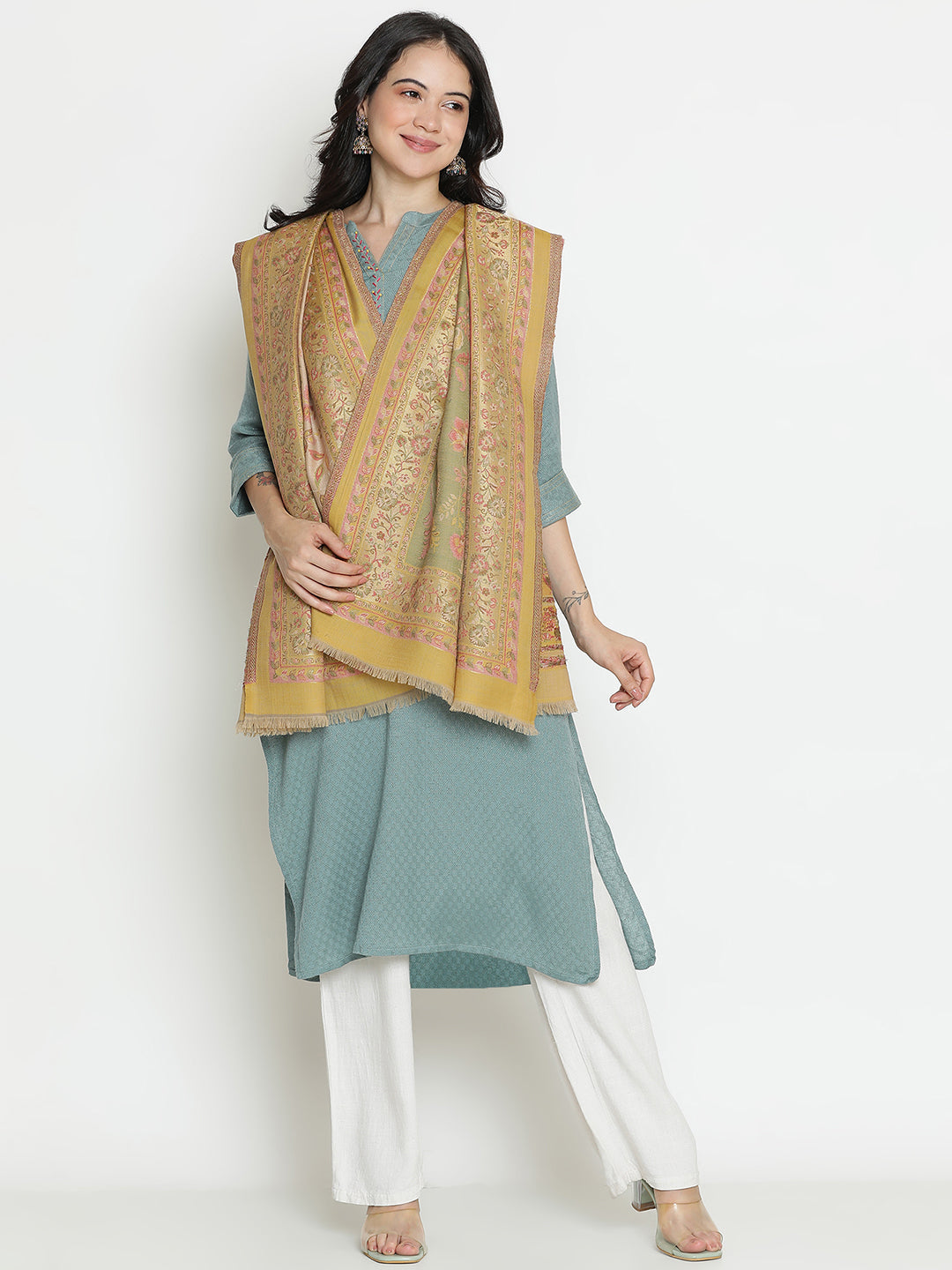 Chateau Garden-Refined Floral Weave Woolen Jacquard Shawl