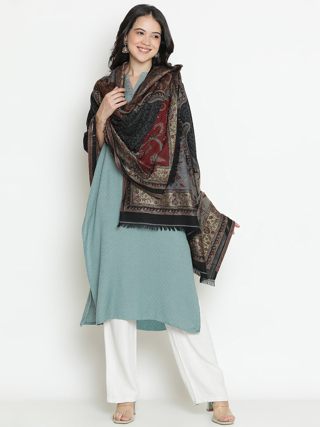 Chateau Garden-Refined Floral Weave Woolen Jacquard Shawl
