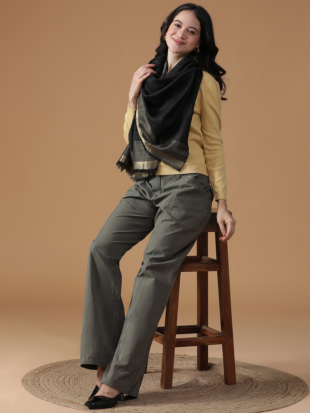 Night Gild-Metallic Border Stripes Woolen Dobby Stole