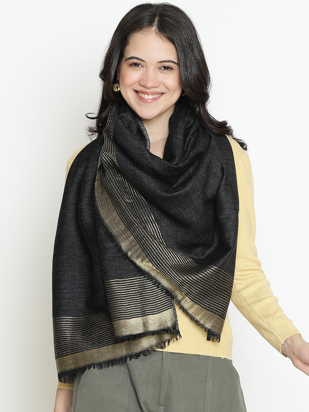 Night Gild-Metallic Border Stripes Woolen Dobby Stole