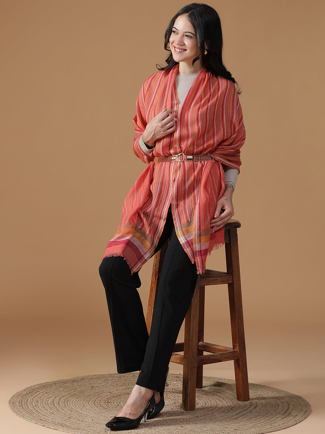 Sunset Bloom-Striped Woolen Dobby Stole