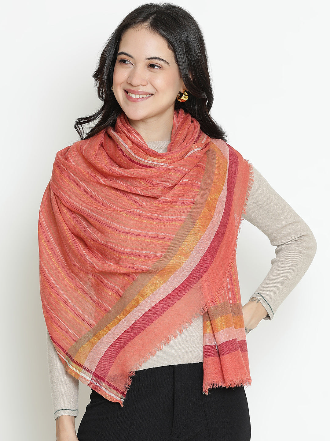 Sunset Bloom-Striped Woolen Dobby Stole