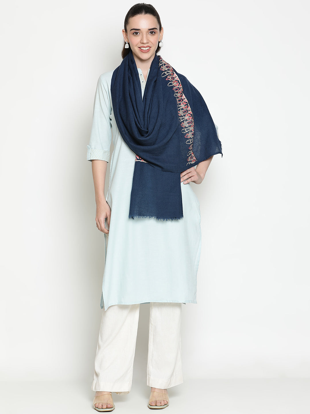 Embroidered Floral Border Plain Pure Wool Stole