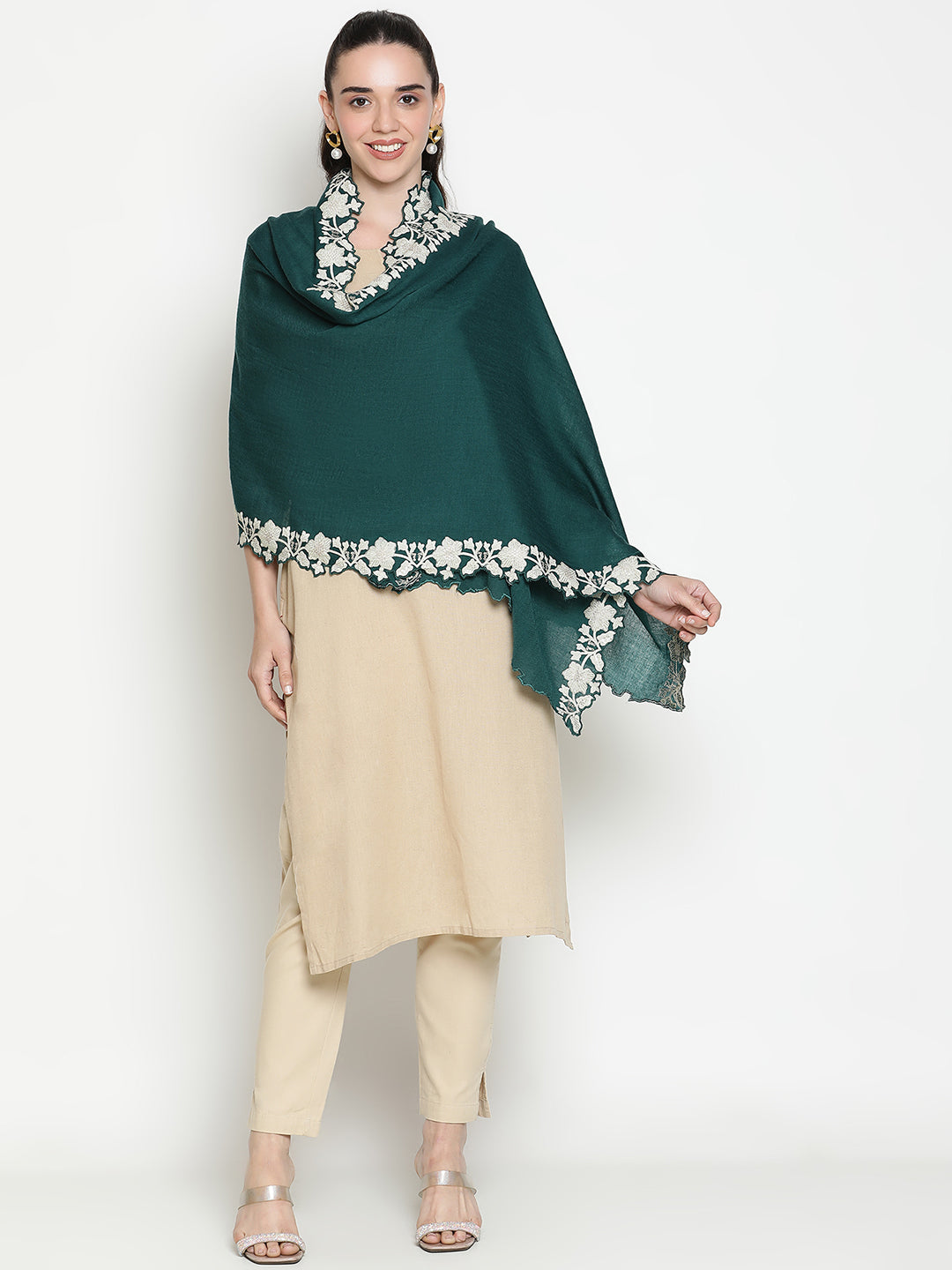 Embroidered Flower Border Pure Wool Stole