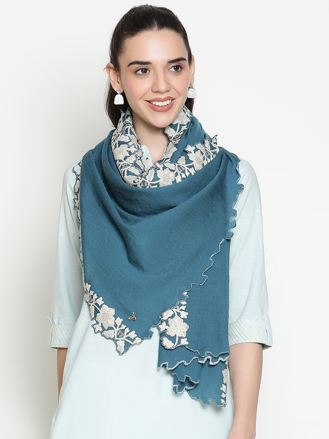 Embroidered Flower Border Pure Wool Stole
