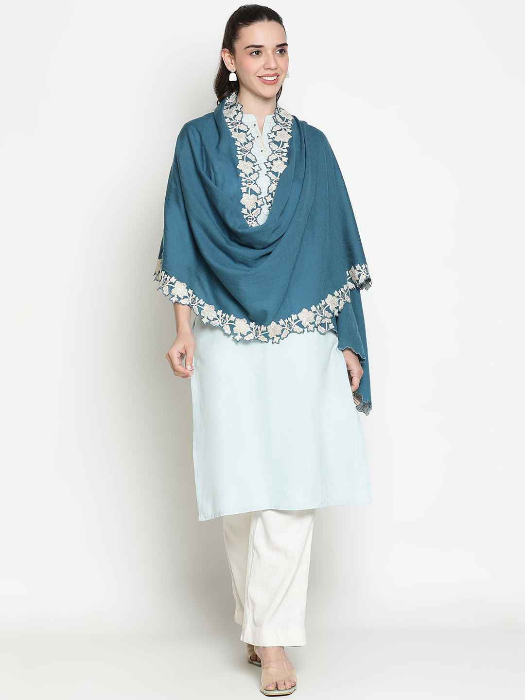 Embroidered Flower Border Pure Wool Stole