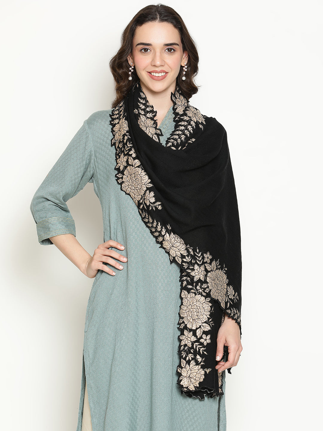 Floral Border Pure Wool Embroidered Stole