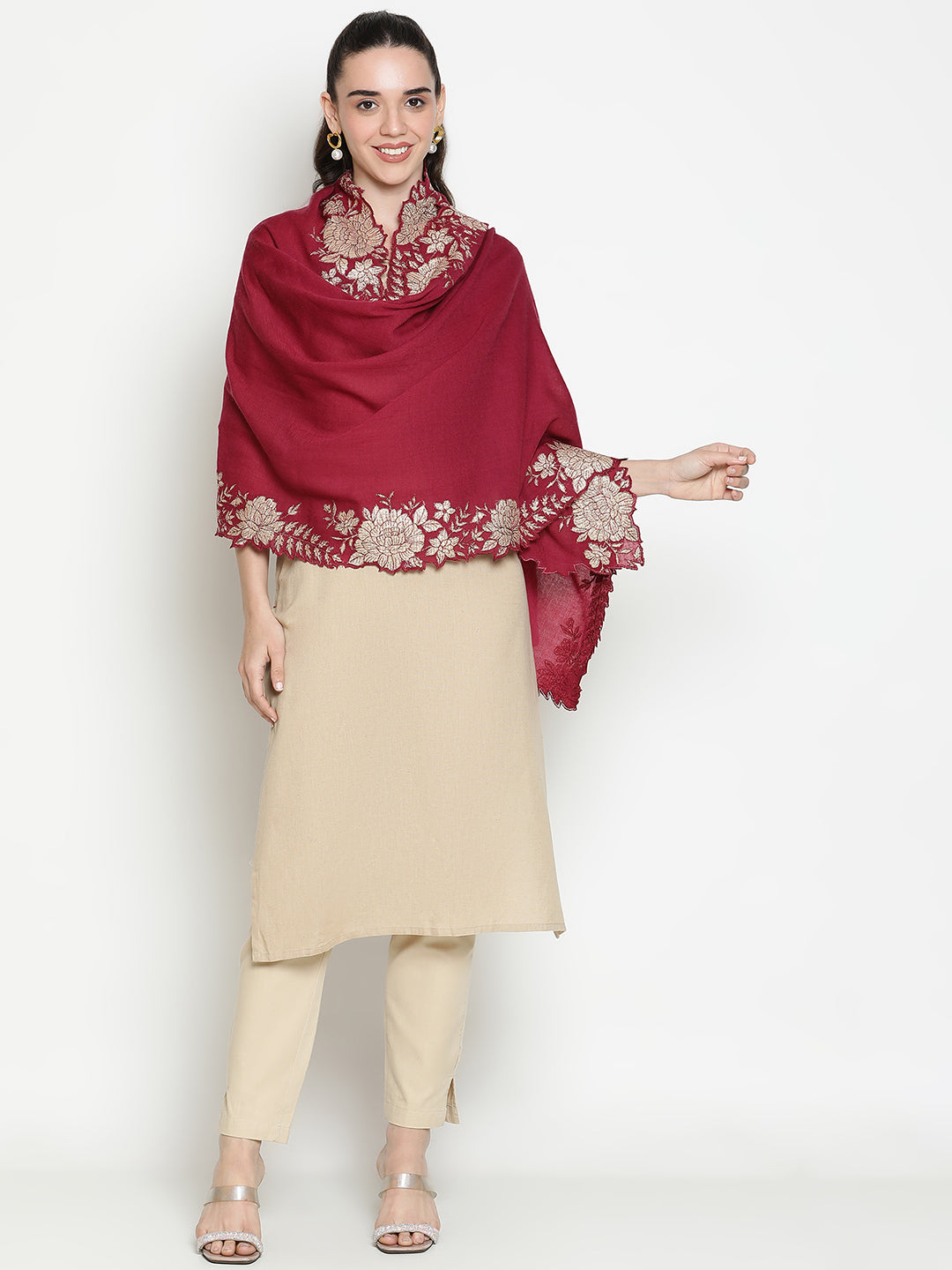 Floral Border Pure Wool Embroidered Stole