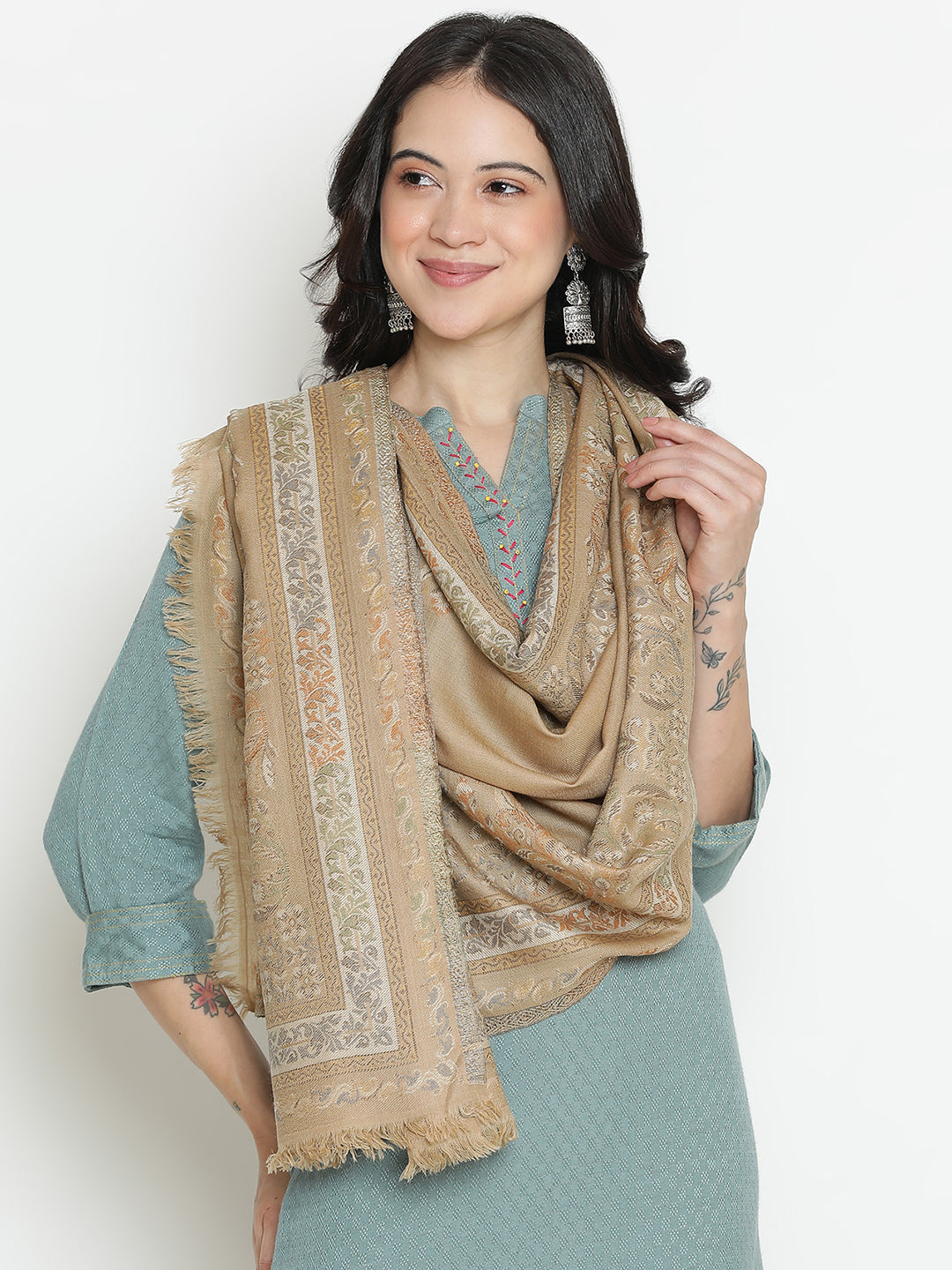 Meadow Reverie-Paisley & Mughal Garden Woolen Jacquard Stole