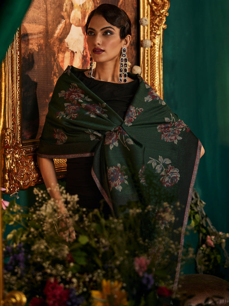 Rosemary Green Floral Wool Jacquard Stole