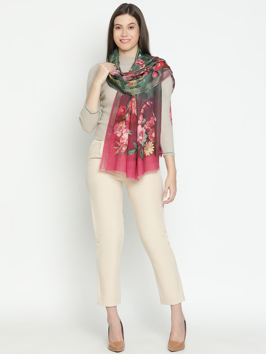 Floral Design Wool Lurex Printed Stole