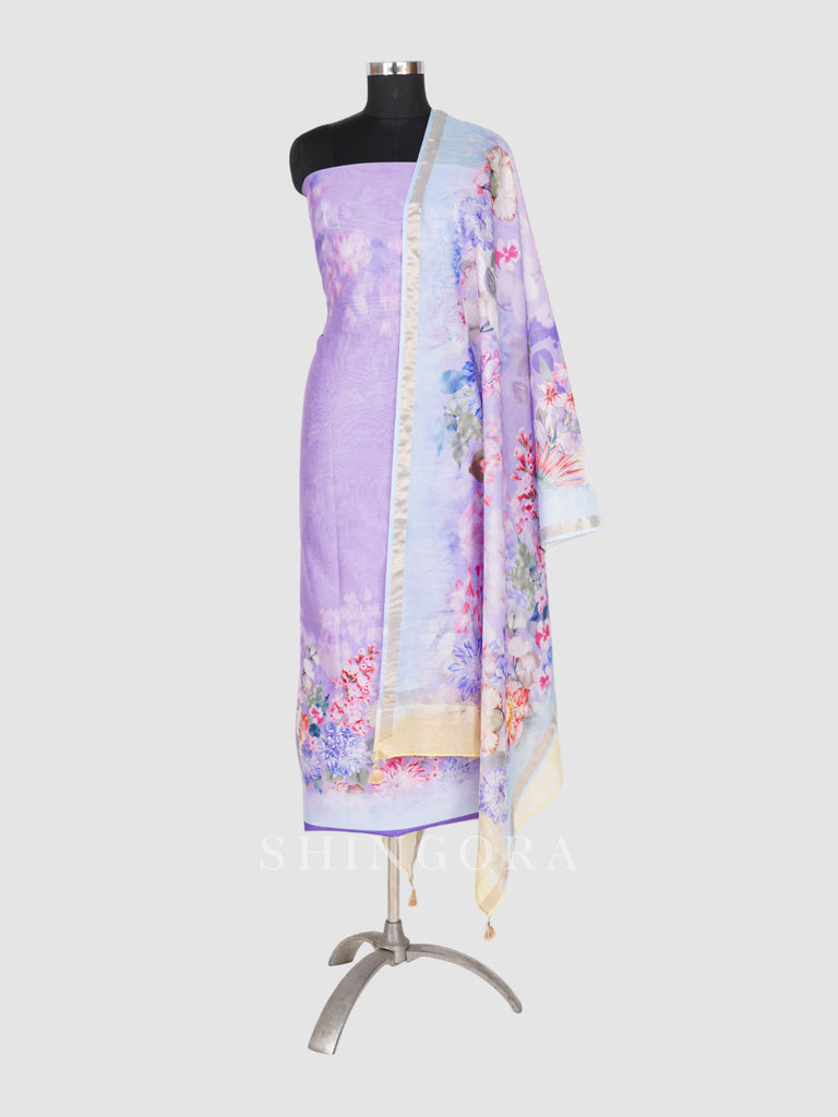Resham: Printed Silk Metallic Unstitched Suit & Dupatta Set