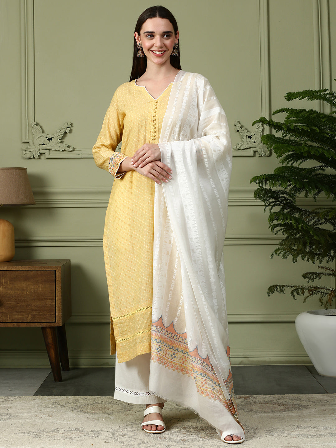 Shingora Yellow Notch Neck Stitched Suit Set