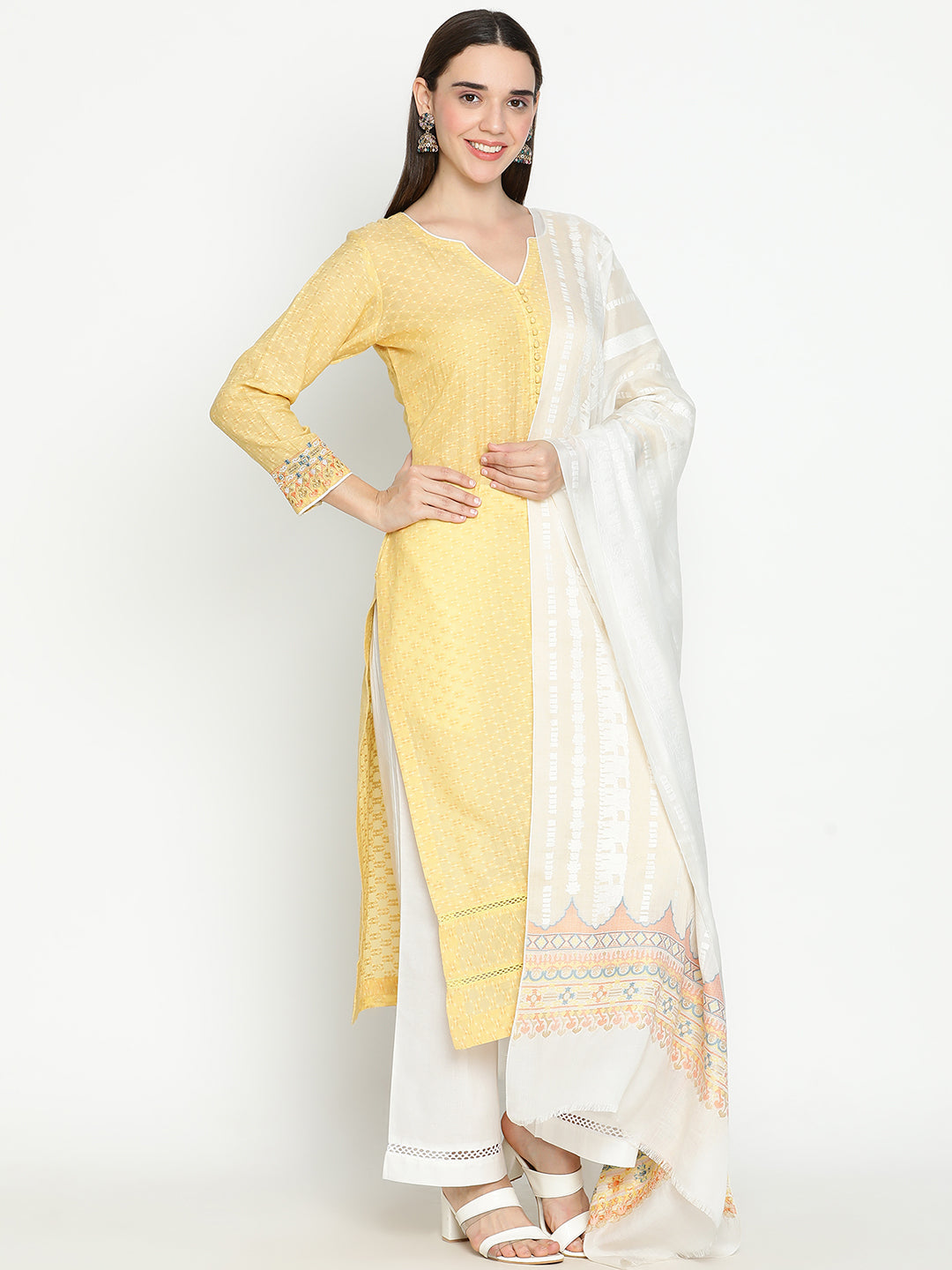 Shingora Yellow Notch Neck Stitched Suit Set