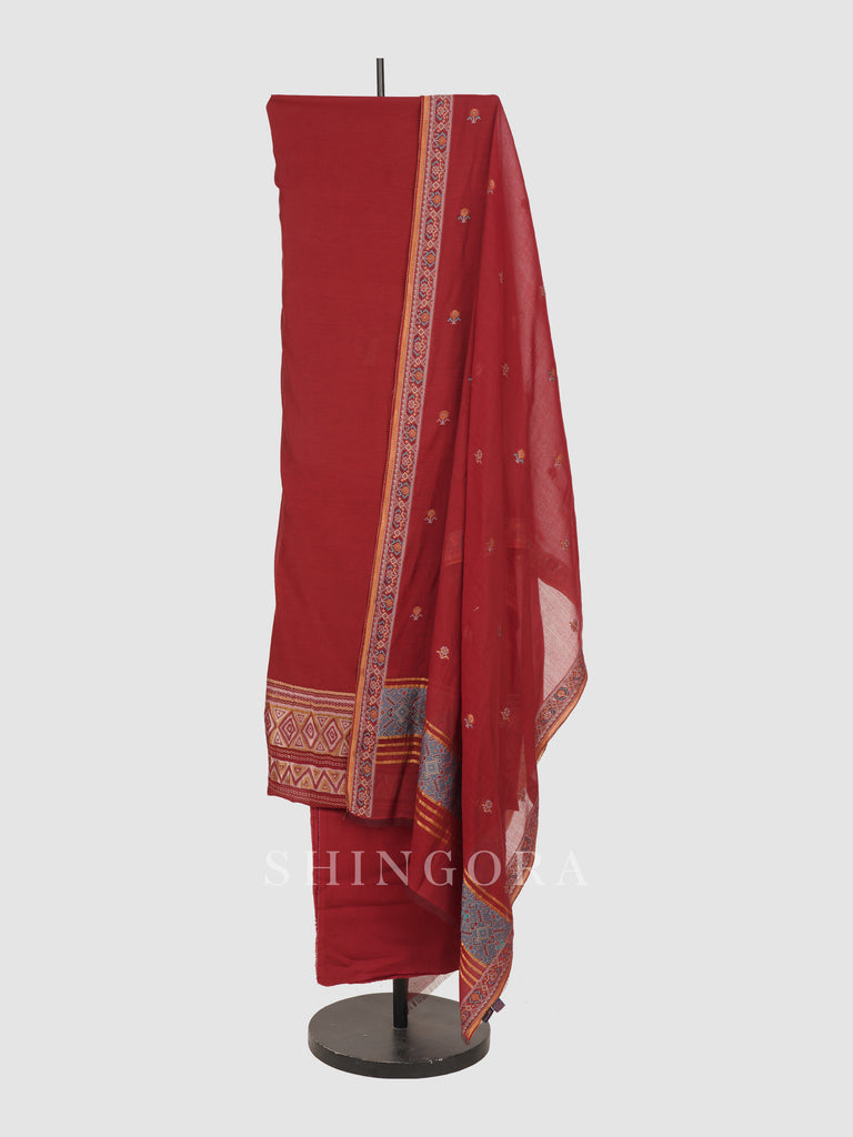 Pankhuri: Crimson Red Jacquard Karni Unstitched Suit & Dupatta